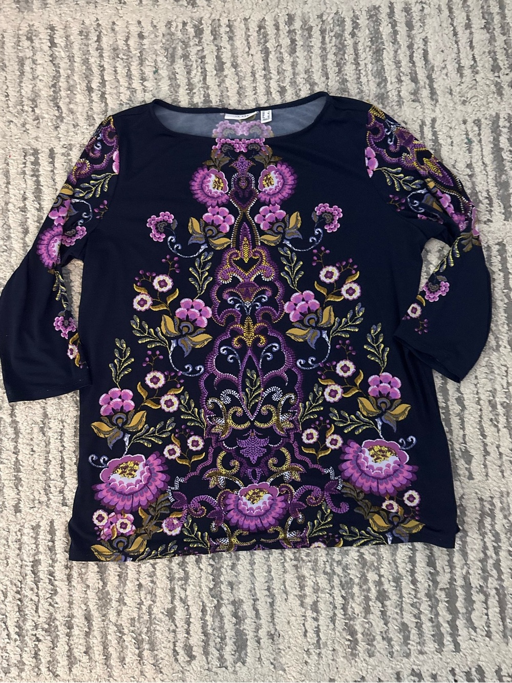 Susan Graver purple floral gorgeous jersey lightweight blouse top size L